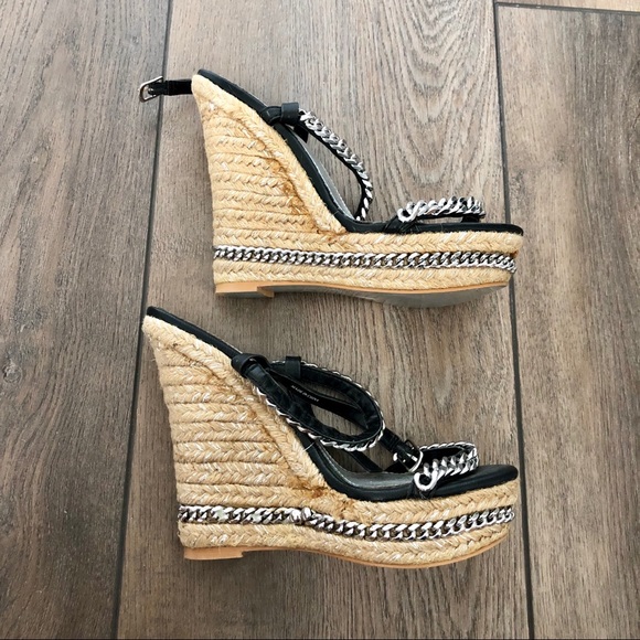 Rare BEBE Black Thea Chain Espadrille Wedges - Picture 7 of 12
